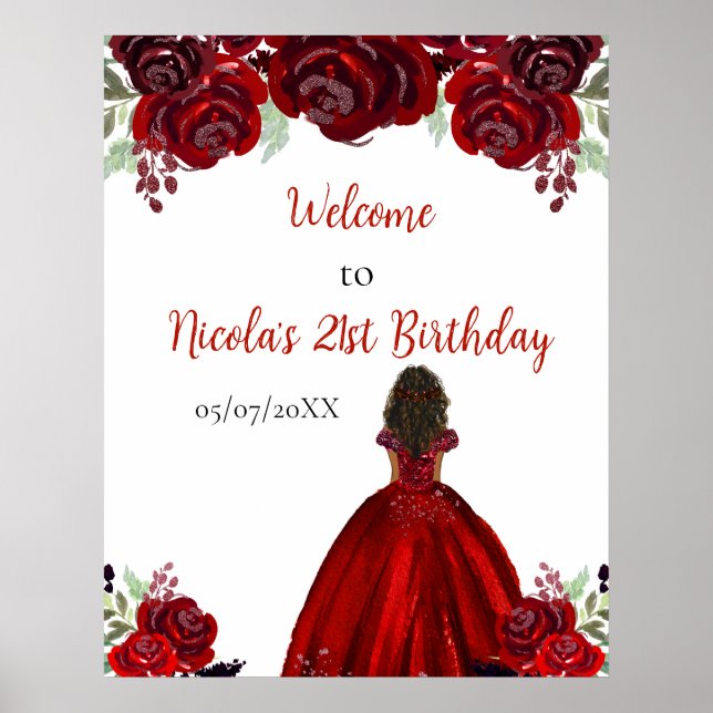 Dark Skin Princess Red Birthday Welcome Poster (Front)