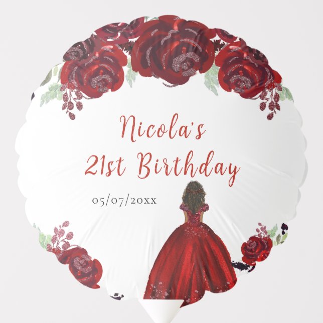 Dark Skin Princess Red Floral Birthday Balloon (Front)