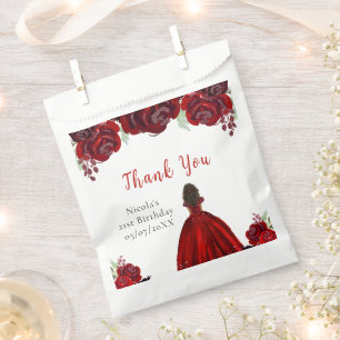 Dark Skin Princess Red Floral Birthday Favor Bag