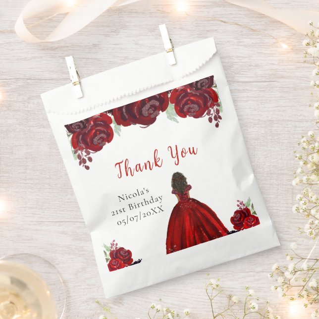 Dark Skin Princess Red Floral Birthday Favor Bag (Clipped)