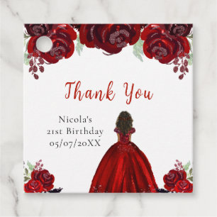 Dark Skin Princess Red Floral Birthday Favor Tags