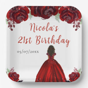 Dark Skin Princess Red Floral Birthday Paper Plates