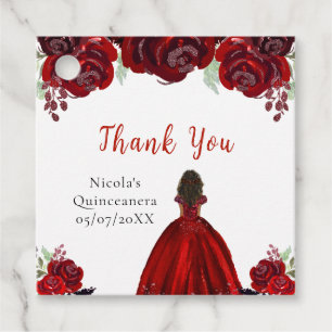 Dark Skin Princess Red Floral Quinceanera Favor Tags