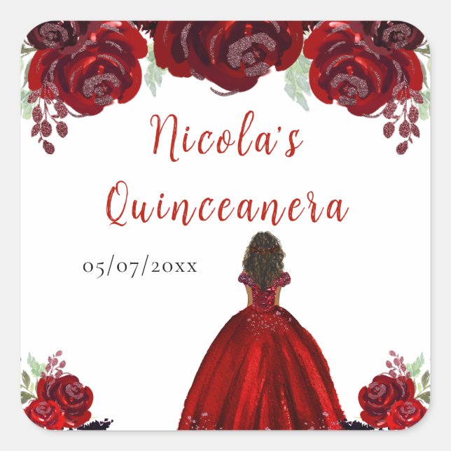 Dark Skin Princess Red Floral Quinceanera Square Sticker (Front)
