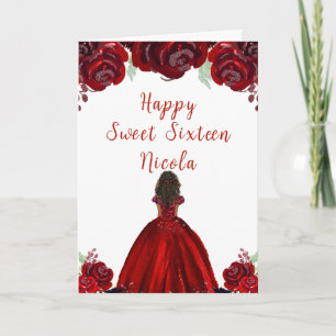 Dark Skin Princess Red Floral Sweet Sixteen Card