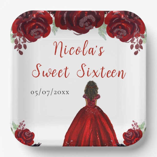 Dark Skin Princess Red Floral Sweet Sixteen Paper Plates (Front)