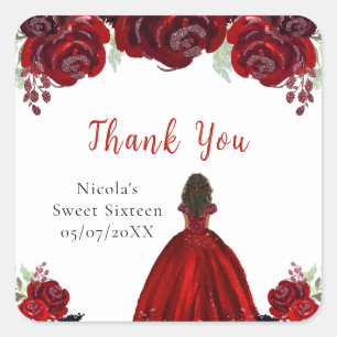 Dark Skin Princess Red Floral Sweet Sixteen Square Sticker