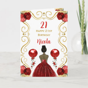 Dark Skin Princess Red Happy Birthday Card