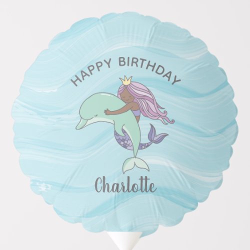 Dark Skin Purple Mermaid with Dolphin Birthday Balloon