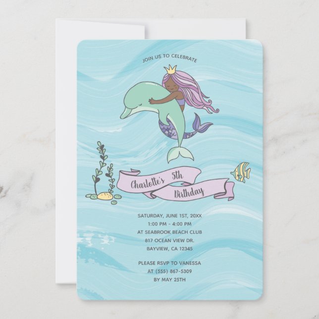 Dark Skin Purple Mermaid with Dolphin Birthday Invitation (Front)