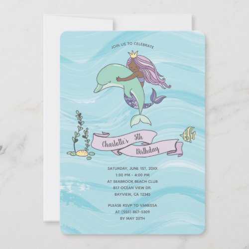 Dark Skin Purple Mermaid with Dolphin Birthday Invitation