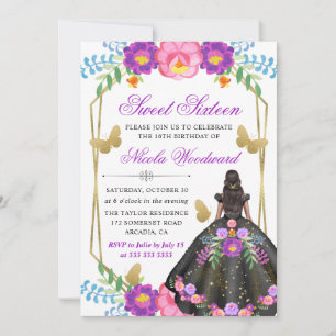 Dark Skin Woman Mexican Floral Dress Sweet 16 Invitation