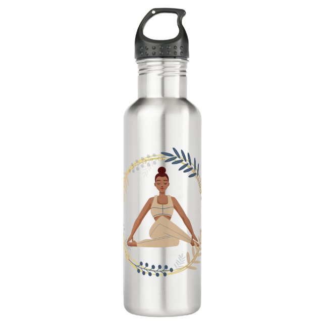 Dark skin woman yoga pose spiritual golden flower  stainless steel water bottle (Front)