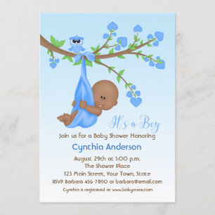 Dark Skinned Baby Boy in Tree, Baby Shower Invitation