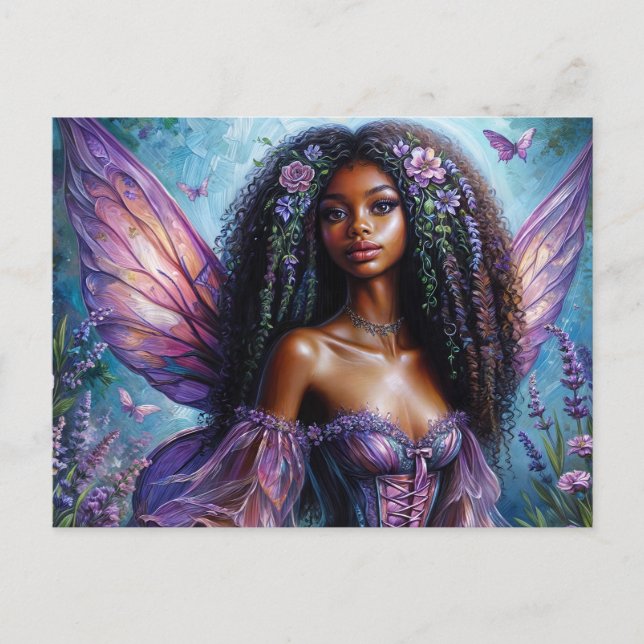 Dark-Skinned Fairy In Purple Floral Postcard (Front)
