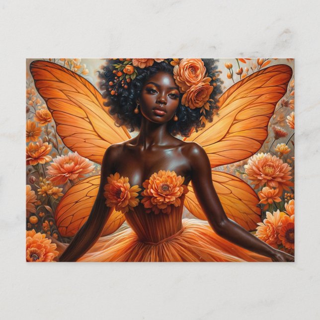 Dark-Skinned Fairy With Afro - Orange Floral Postcard (Front)
