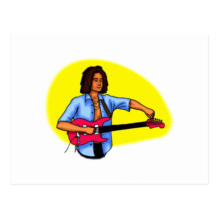 Dark skinned guitar player tuning pink red guitar postcards