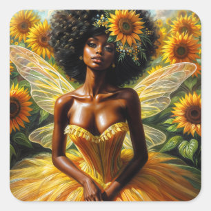 Dark-Skinned Sunflower Fairy in Yellow Square Sticker
