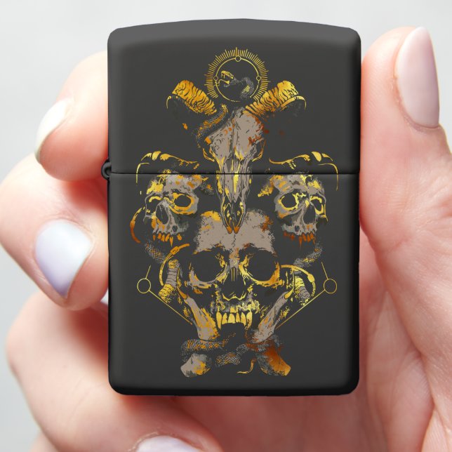 Dark Skull Art with Snake and Ram Elements Zippo Lighter (In Hand)