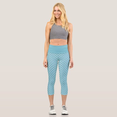 Dark Sky Blue Mermaid Fish Scale  Capri Leggings