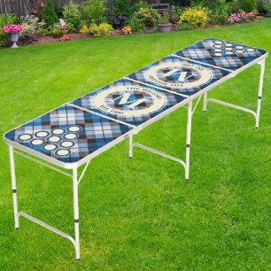 Dark Sky Blue Plaid Family Monogram & Name Beer Pong Table
