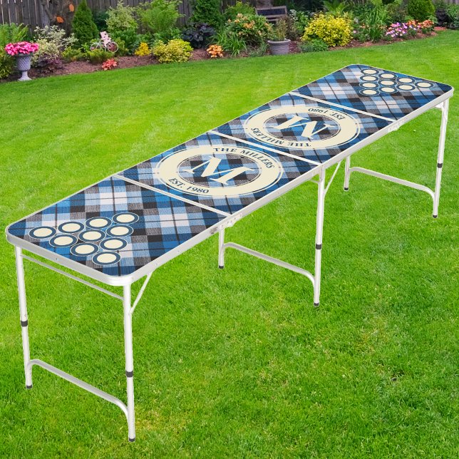 Dark Sky Blue Plaid Family Monogram & Name Beer Pong Table (Creator Uploaded)