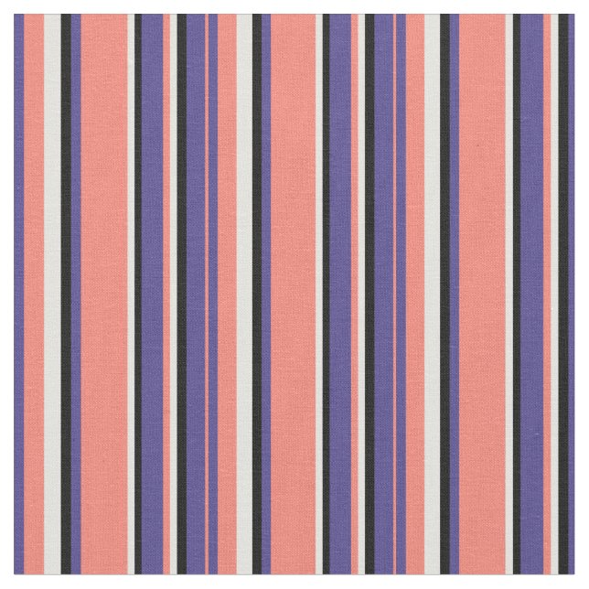 Dark Slate Blue, Salmon, Light Cyan & Black Lines Fabric (Close Up)