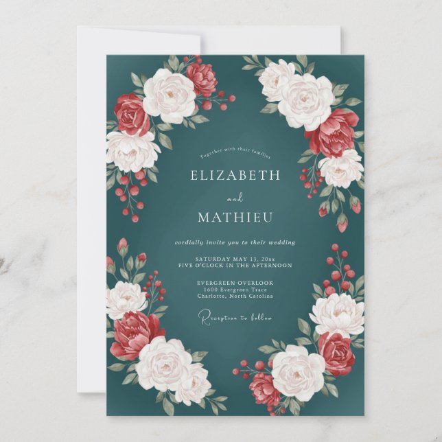 Dark Slate Crimson Petal Wedding Invitation (Front)