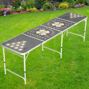 Dark Slate Stone Irish Lucky Clover Wedding Crest Beer Pong Table