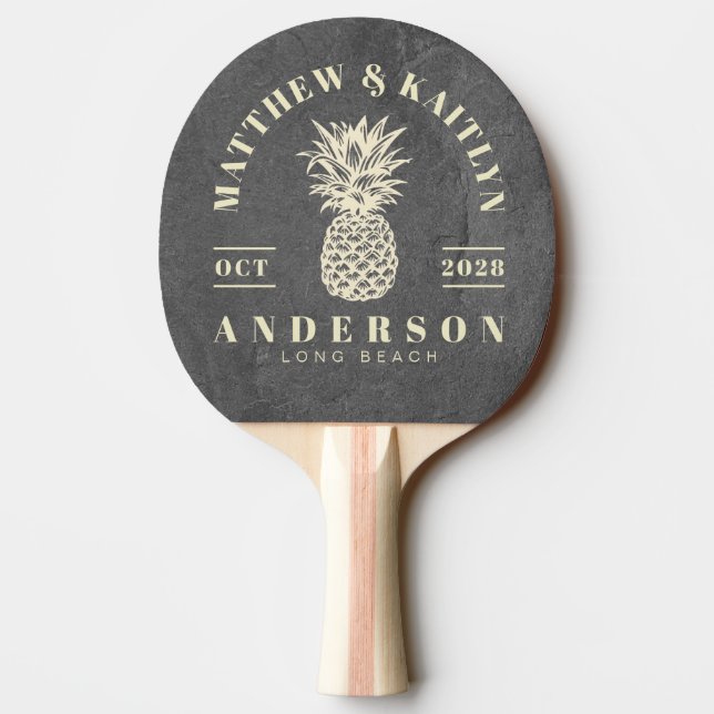 Dark Slate Stone Tropical Pineapple Wedding Ping Pong Paddle (Back)