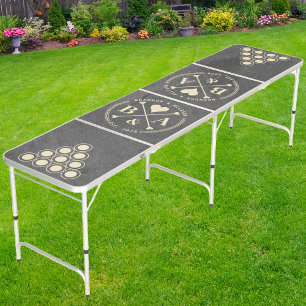 Dark Slate Stone Wedding Heart Crossing Initial Beer Pong Table