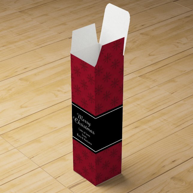 Dark Snowflake Pattern on Red Pattern Personalised Wine Box (Opened)