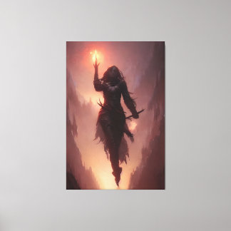 Dark sorceress casting a flame spell canvas print