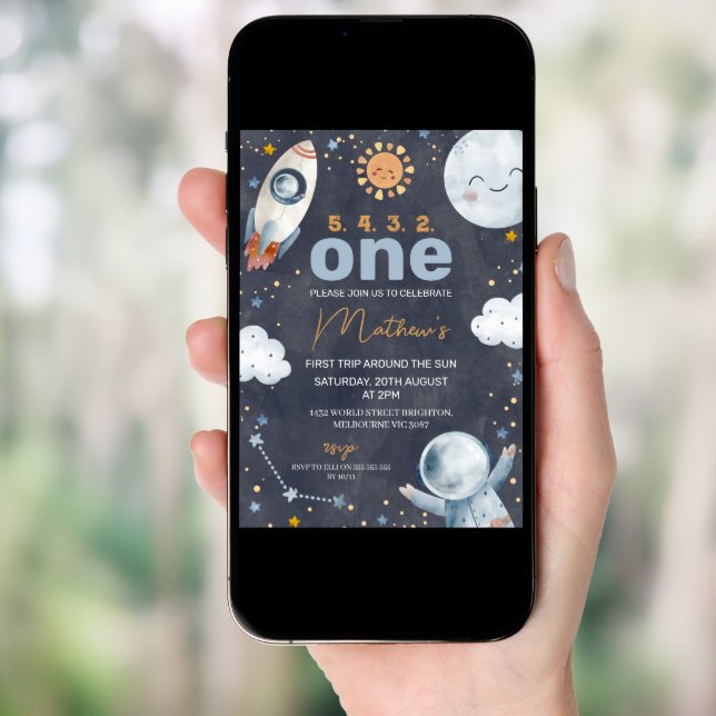 Dark Space First Trip Around the Sun 1st Birthday  Invitation (Front Digital)