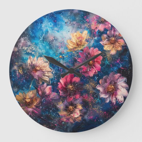 Dark Space Flowers Large Clock