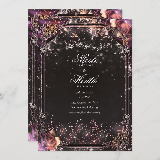 Dark Sparkle Glitter Glam Lights Floral Wedding Invitation (Front/Back)
