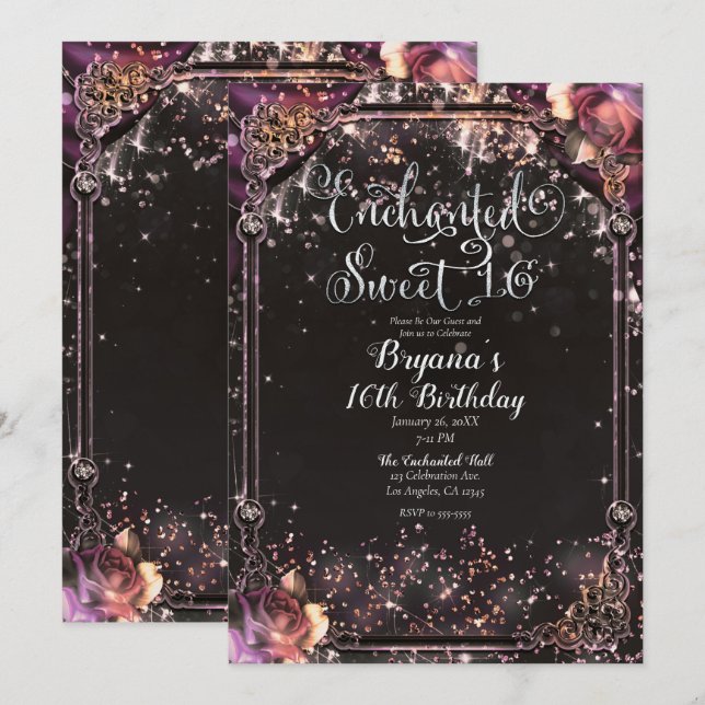 Dark Sparkle Glitter Glam Lights Sweet 16 Party Invitation (Front/Back)