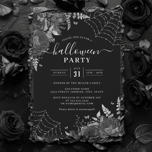 Dark Spooky Floral Cobwebs Halloween Party  Invitation