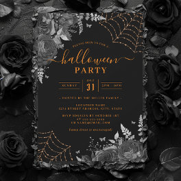 Dark Spooky Floral Cobwebs Orange Halloween Party Invitation