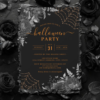 Dark Spooky Floral Cobwebs Orange Halloween Party Invitation