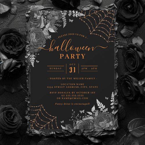 Dark Spooky Floral Cobwebs Orange Halloween Party  Invitation