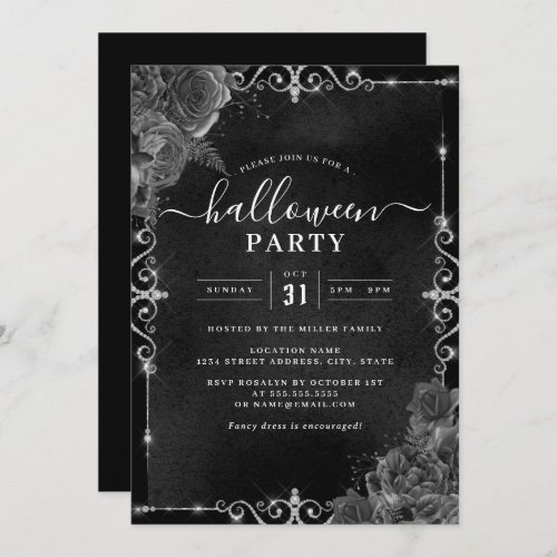 Dark Spooky Floral Jewel Halloween Party  Invitation