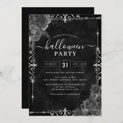 Dark Spooky Floral Rose Halloween Party  Invitation