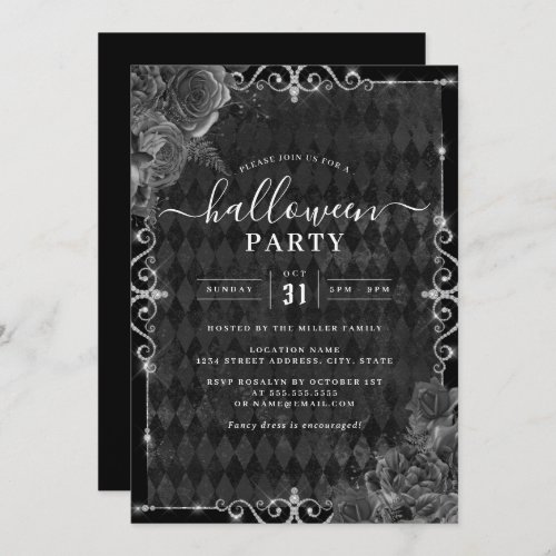 Dark Spooky Floral Rose Jewel Halloween Party  Invitation