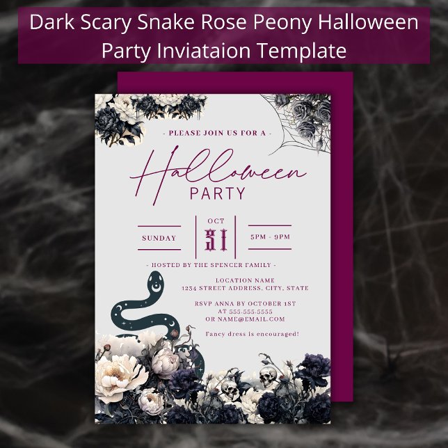 Dark Spooky Floral Snake Cobweb Purple Halloween Invitation (Creator Uploaded)