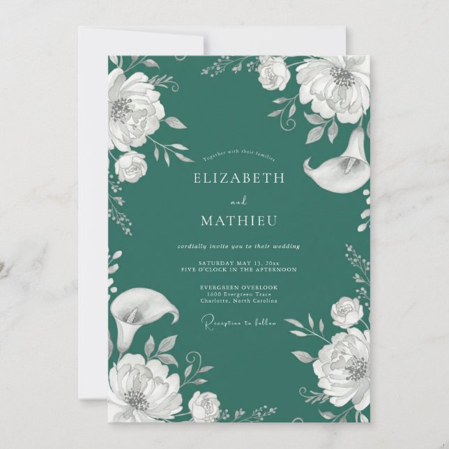 Dark Spruce Calla Lily Wedding Invitation (Front)