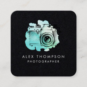 Dark Square Watercolor Camera Photographer Business Card