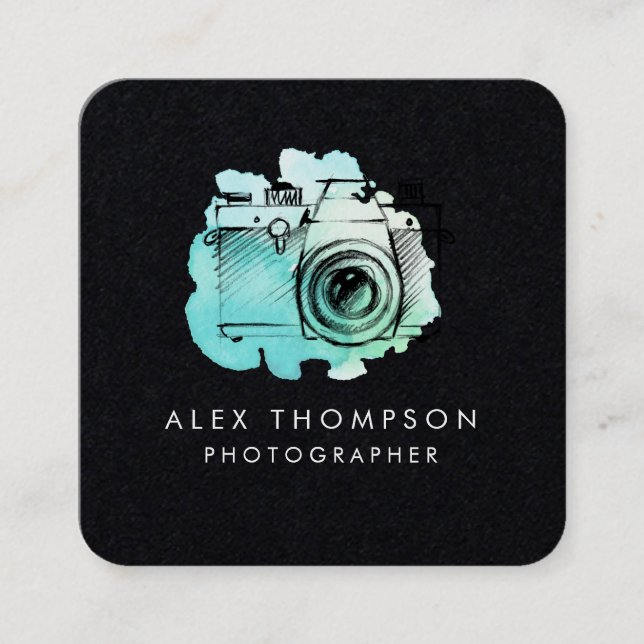 Dark Square Watercolor Camera Photographer Square Business Card (Front)