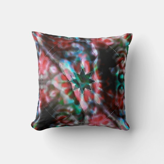 Dark star on glass flower spots, red to dark green throw pillow (Front)