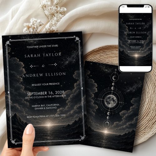 Dark Starry Night Silver Foil Celestial Wedding Invitation